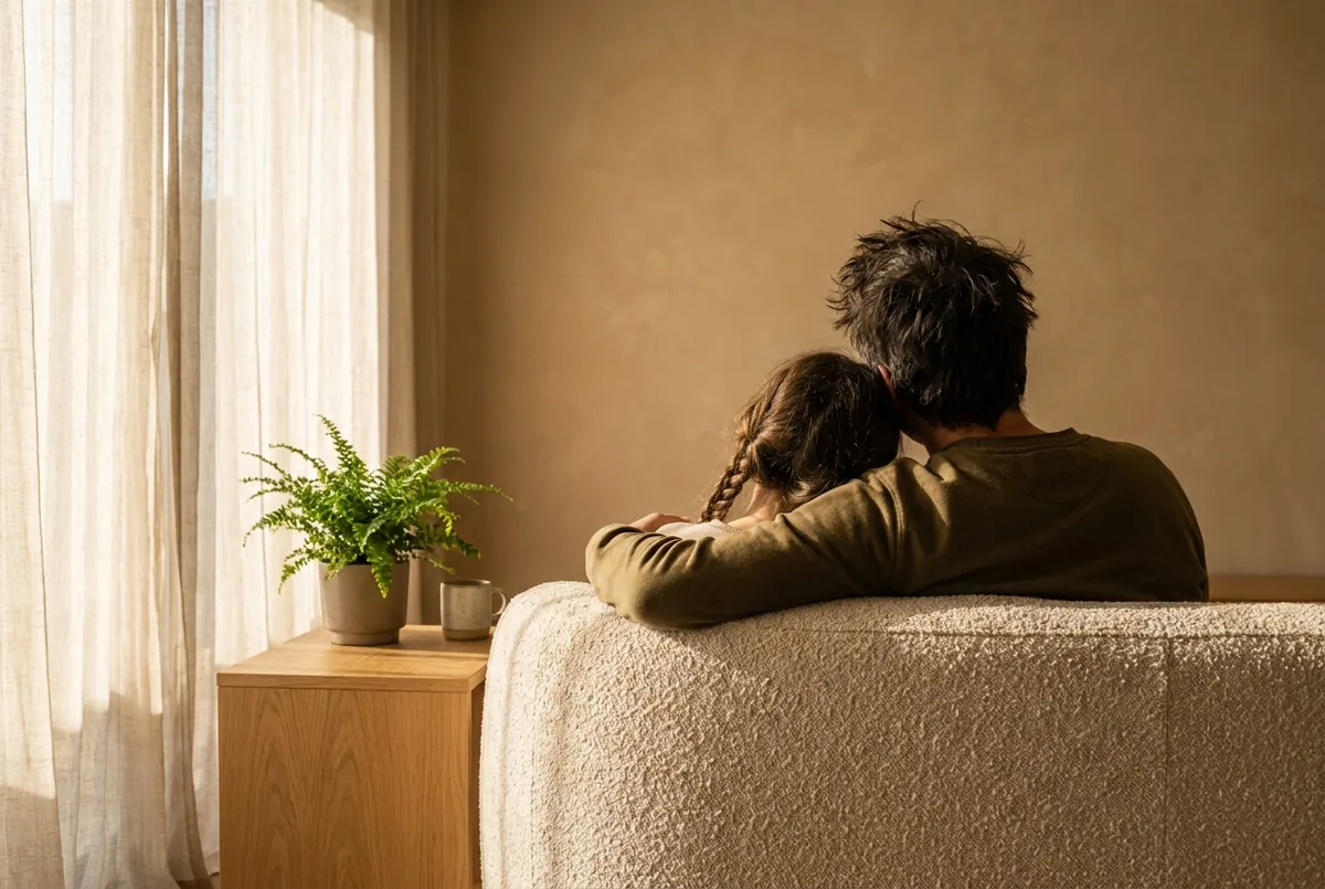 Ein Elternteil und ein Kind sitzen eng nebeneinander auf einem Sofa und schauen zum Fenster