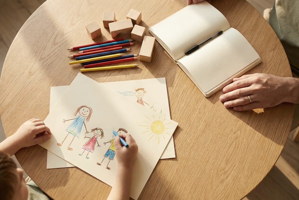 Blick von oben auf einen Holztisch mit Kinderzeichnung, Buntstiften, Holzbausteinen und einem Notizbuch